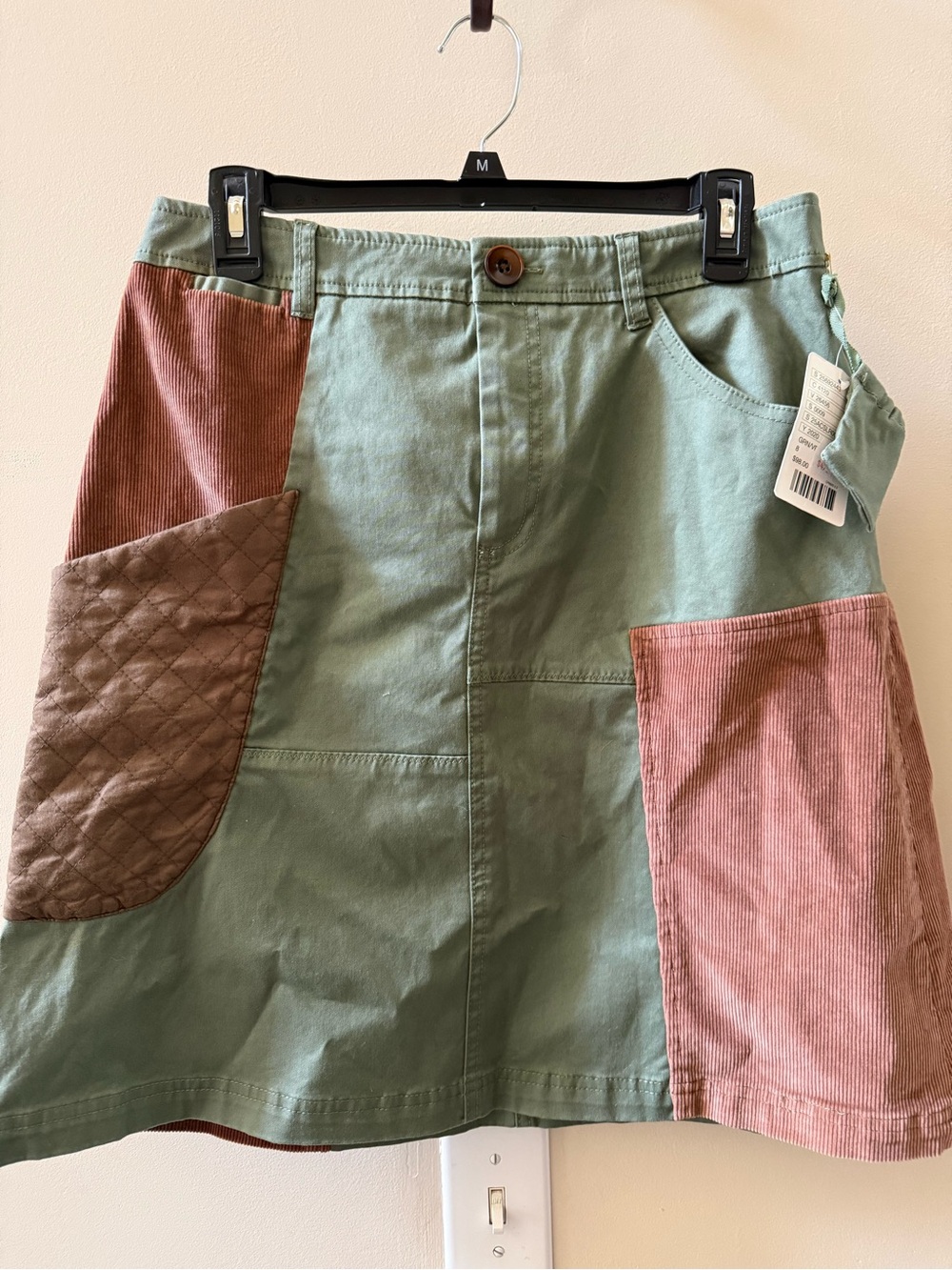 NWT Anthropologie Meadow Rue Green Patchwork Cargo Skirt Corduroy Brown Size 8